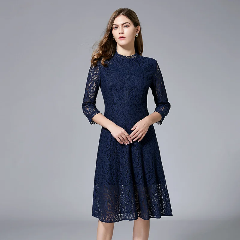 Plus Size High Neck 3/4 Sleeve Navy Lace Formal Dress Stylish Plus Size