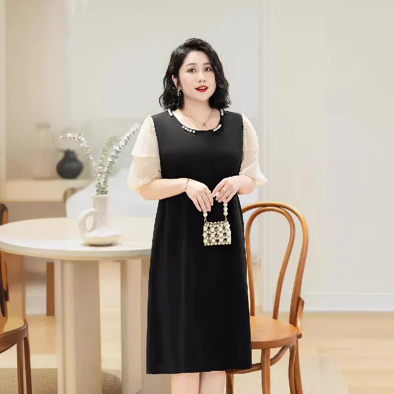 (6XL-8XL) Plus Size Colour Block Pearls Short Sleeve Dress (EXTRA BIG SIZE) Trendy Plus Gown