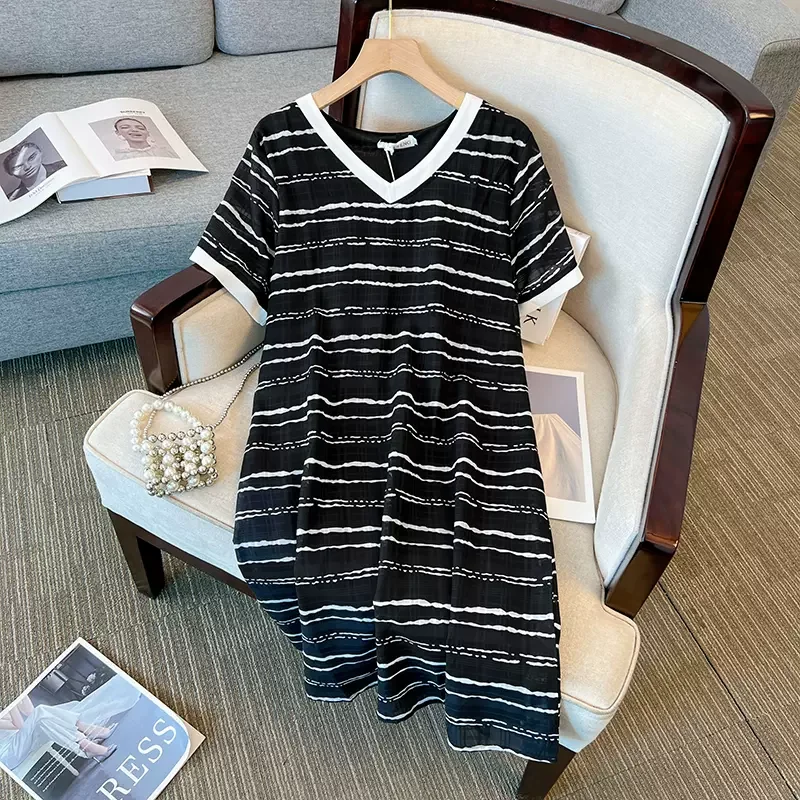 Plus Size Korean V Neck Stripe Black Dress Plus Size Ruffles