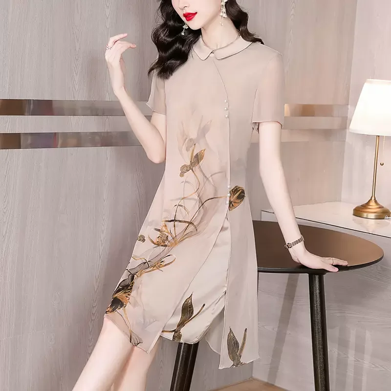 (M-4XL) Plus Size Oriental Beige Chiffon Dress Plus Size Belted