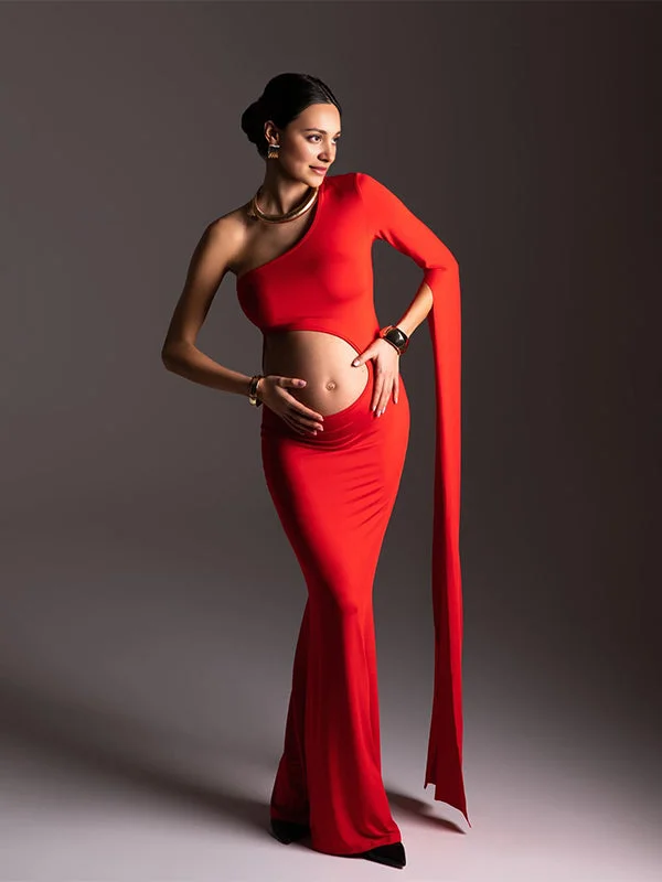 Momyknows Red One Slit Sleeve Cut Out Bodycon Elegant Photoshoot Maternity Maxi Dress Bodycon Dress Trend