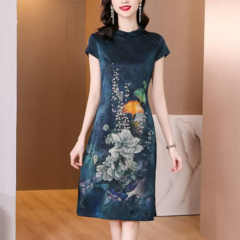 (L-4XL) Plus Size Blue Formal Chinese Flower Oriental Dress Plus Size Skater