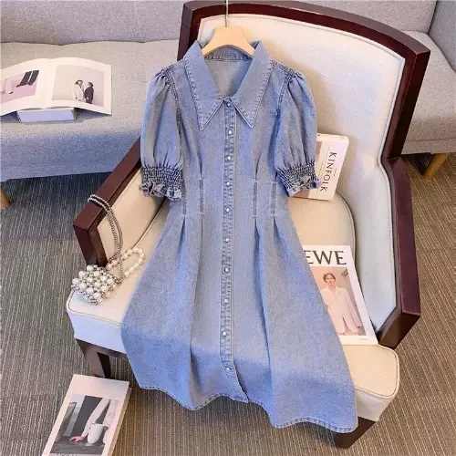 Plus Size Korean Denim Puff Sleeve Shirt Dress Plus Size Colorblock