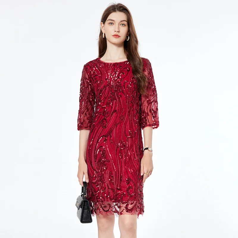 Plus Size Red Sequin Lace 3/4 Sleeve Formal Dress Plus Size Stylish