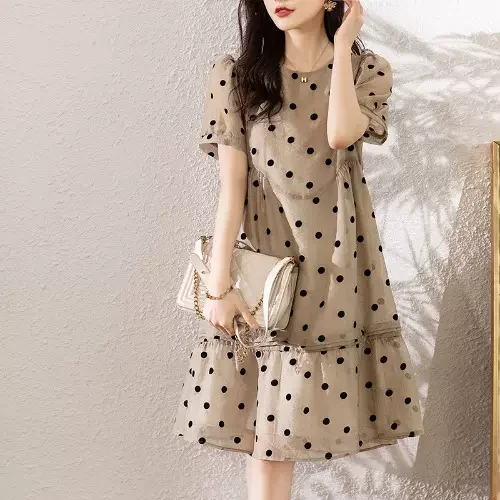 Plus Size Korean Polka A Line Babydoll Dress Plus Size Long-sleeve