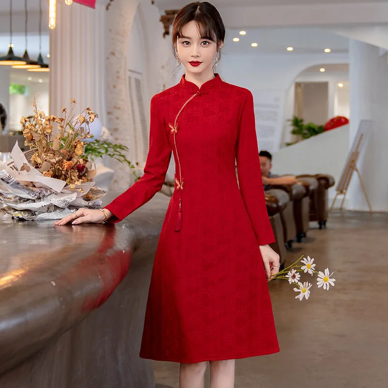 Plus Size Red A Line Long Sleeve Cheongsam Dress Sleeveless Plus Dress