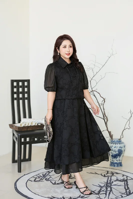 (5XL-8XL) Plus Size Black Cheongsam Dress And Jacket Dress (EXTRA BIG SIZE) Plus Size Fitted