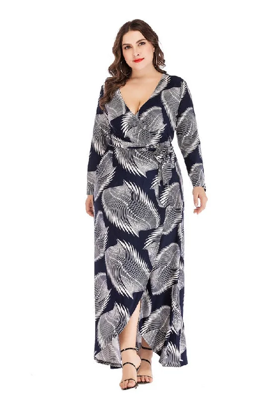 Blue & White Day Bodycon V-neck Long Sleeve Tea Printed Dress Tight Fit Dress