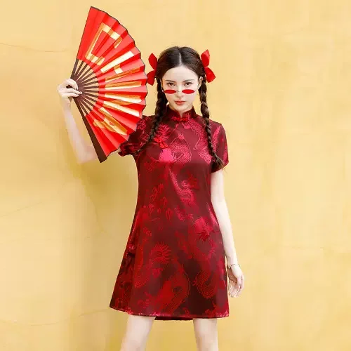 Plus Size Dragon Sheen Red Qipao A Line Dress Plus Size Embellished