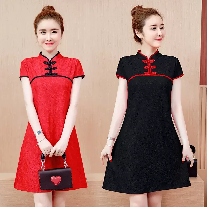 Plus Size Colourblock Red Black Qipao A Line Dress Plus Size Long