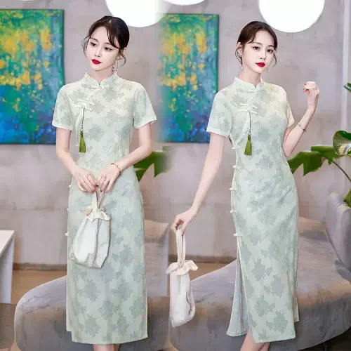 Plus Size Vintage Green Pencil Qipao Dress Plus Size High-low