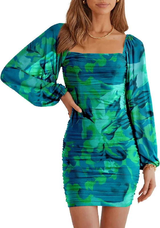 S - ssb green abstract lantern sleeve ruched bodycon dress Bodycon Pencil Dress