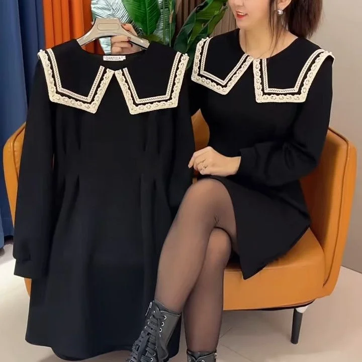 Plus Size Sailor Black Long Sleeve Dress Plus Size Casual