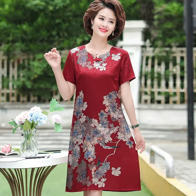 (XL-5XL) Plus Size Chinese Buttons Print Short Sleeve Shift Dress Plus Size Wide-leg