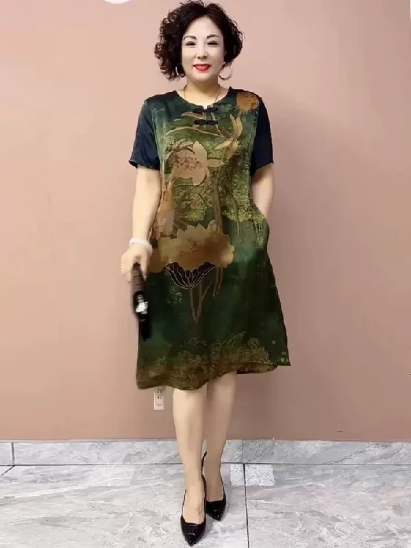 (XL-6XL) Plus Size Chinese Print Formal Dress Trendy Plus Dress