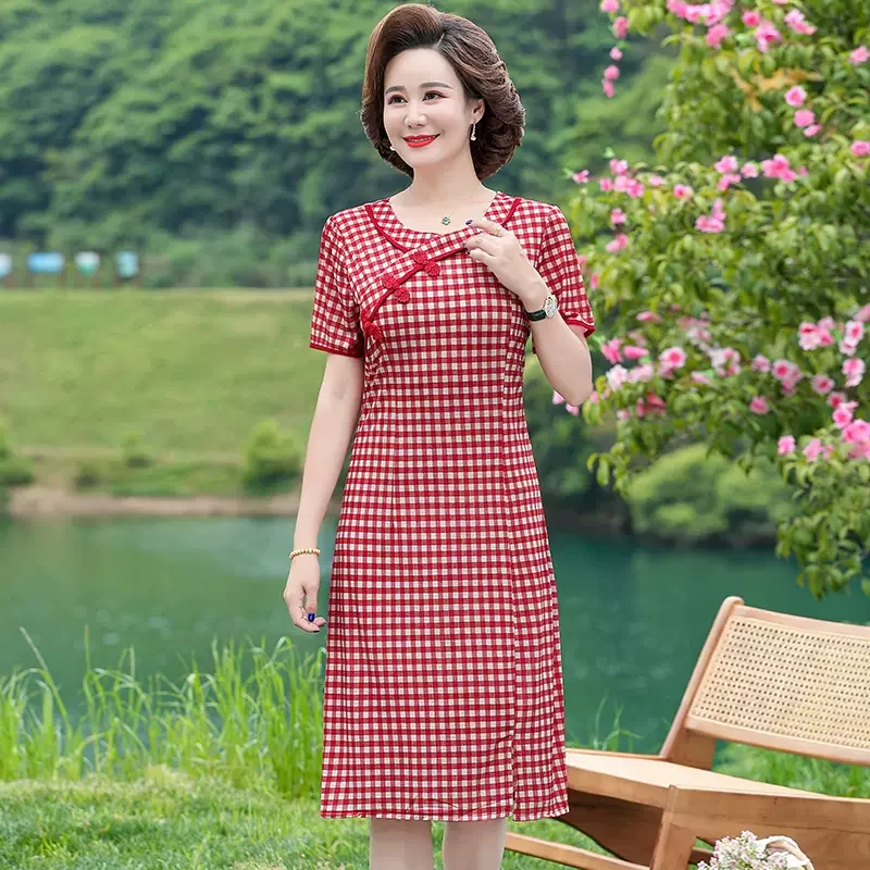 (XL-5XL) Plus Size Gingham Checks Short Sleeve Cheongsam Dress Plus Size Cowl-neck