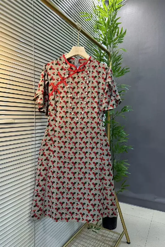 (2XL-6XL) Plus Size Modern Red Repeat Print Qipao Dress (EXTRA BIG SIZE) Plus Size Swing