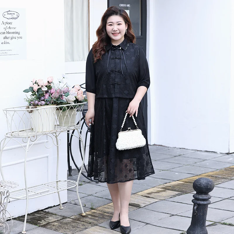 (L-6XL) Plus Size Black Cheongsam Jacket And Dress Set Casual Plus Dress