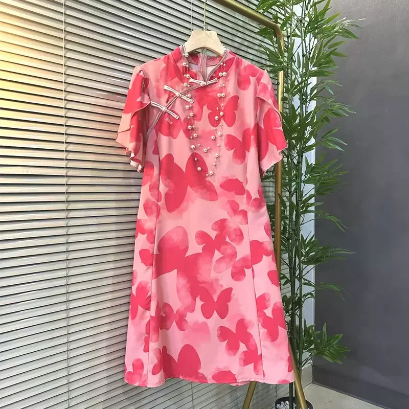 (2XL-6XL) Plus Size Pink Butterfly Qipao Dress Plus Size Colorblock