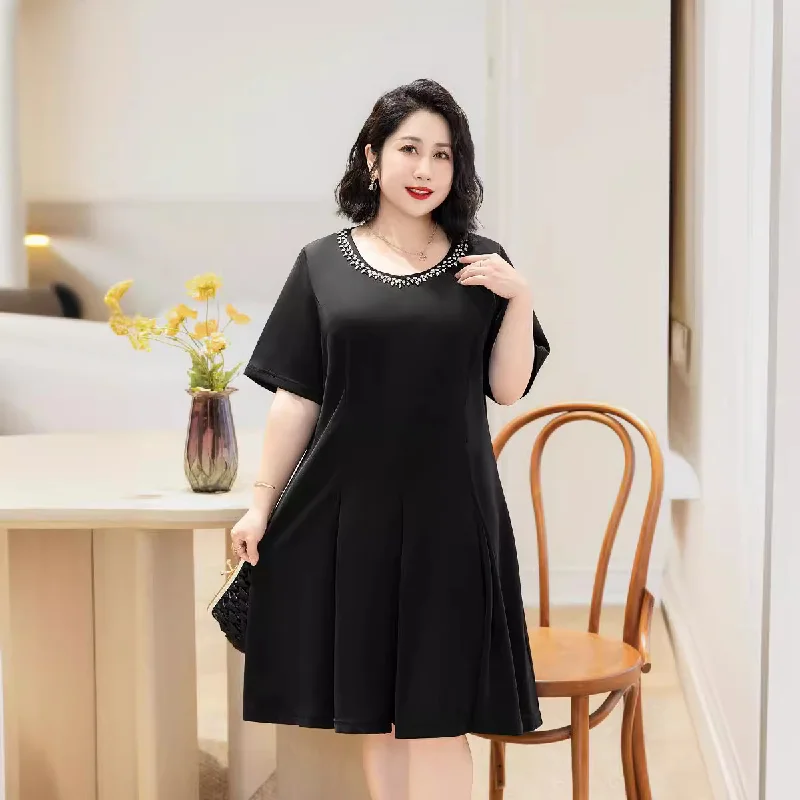 (6XL-8XL) Plus Size Diamante Round Neck Black Dress (EXTRA BIG SIZE) Plus Size Pleated