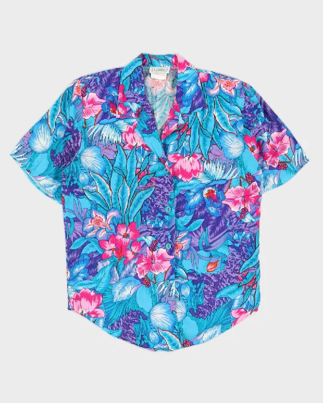 Aqua Floral Patterned Blouse - M Vintage pajama sets