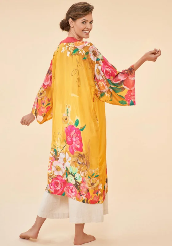 Powder Impressionist Floral Kimono Gown, Mustard Shorts pajama sets