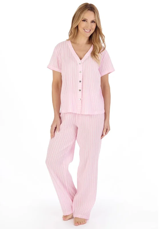 Slenderella Textured Stripe V-neck Pyjama Set, Pink Movie night pajama sets