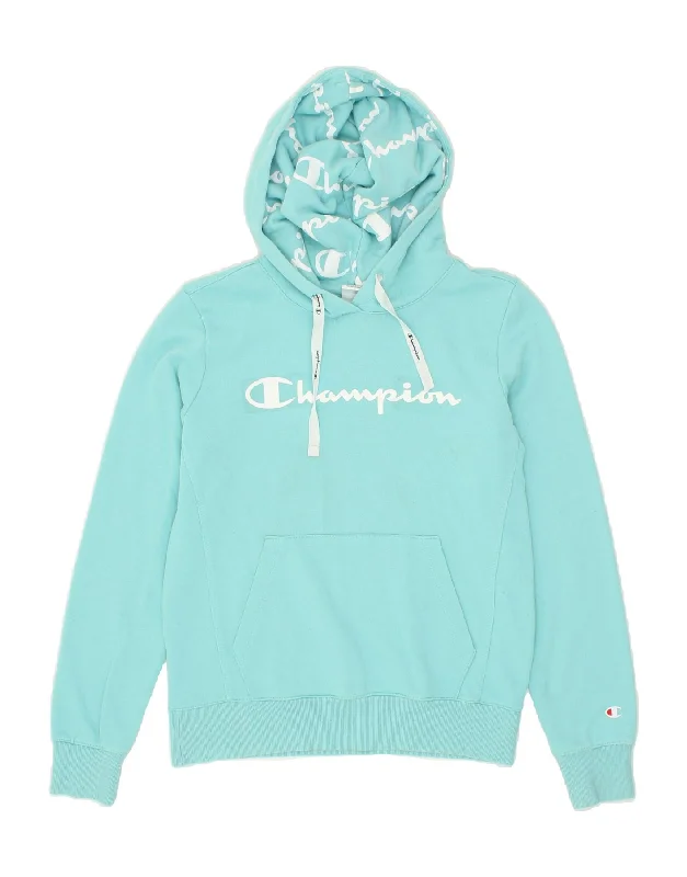 CHAMPION Womens Graphic Hoodie Jumper UK 10 Small Turquoise Cotton Layering sweaters