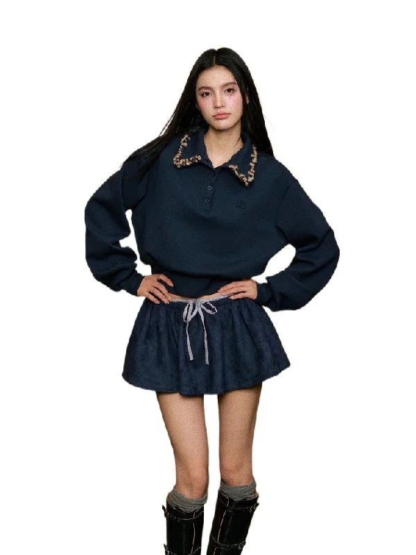 Knit Striped Collar Polo Sweatshirt & Skirt Set Lightweight sweaters