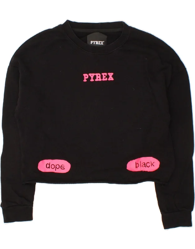 PYREX Womens Crop Graphic Sweatshirt Jumper UK 12 Medium Black Cotton Best sweaters for formal occasions