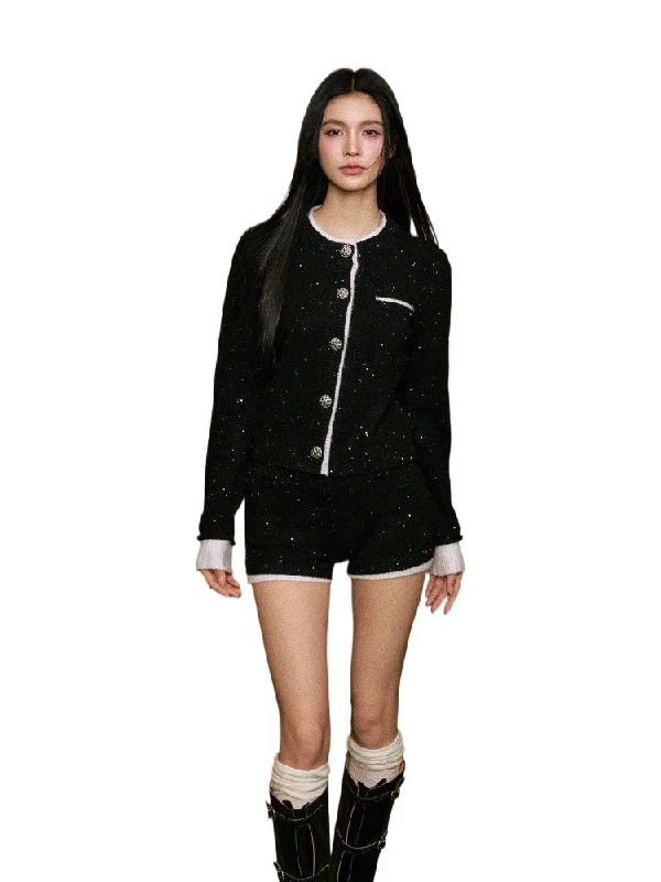 Sequin Faux Two-Piece Cardigan & Shorts Set Crewneck sweaters