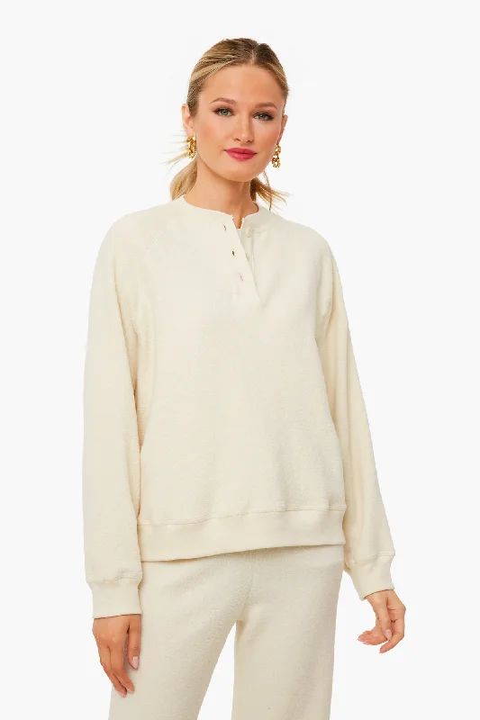 Washed White Fleece Slouch Henley Sweatshirt Boho-style sweaters