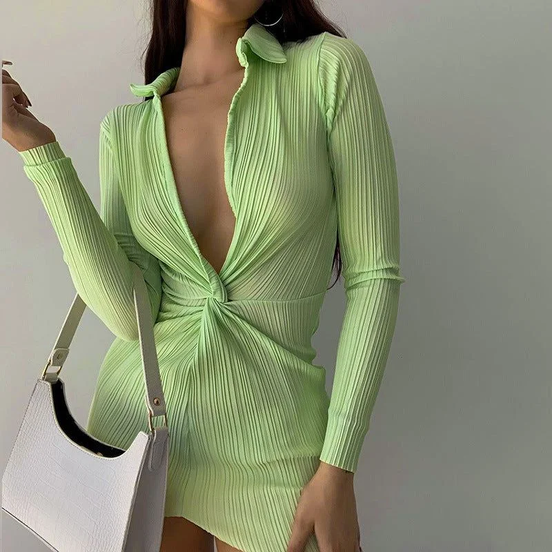 Palm Ribbed Deep V Twist Long Sleeves Mini Dress Edgy mini dresses