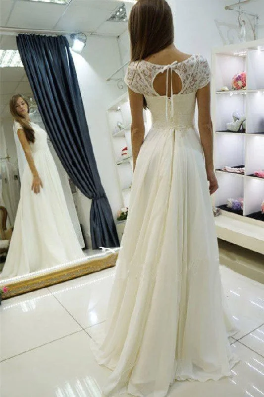 A-line Chiffon Long Beach Bateau Sweep Train Cap Sleeves Wedding Dress with Lace Wedding Gown