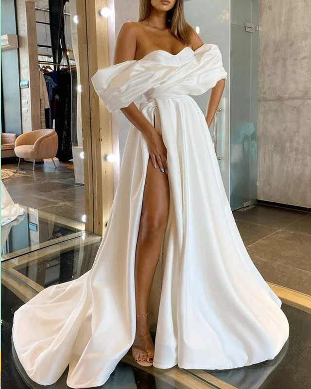 A-line Off The Shoulder Wedding Dress Satin With Slit Sexy Satin Gown