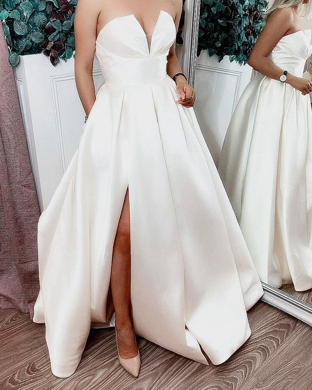 Beach Wedding Dress Satin Split With Pockets Open Back Dress