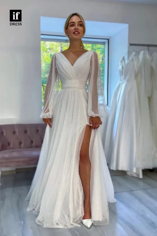 31734 - A-Line Sparkly Ruched V-Neck Long Sleeves Beach Wedding Dress Soft Satin Bridal