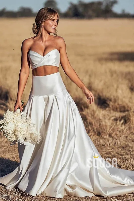 Ivory Satin Sweetheart Two-Piece Beach Wedding Dress QW2521 Empire Waist Gown