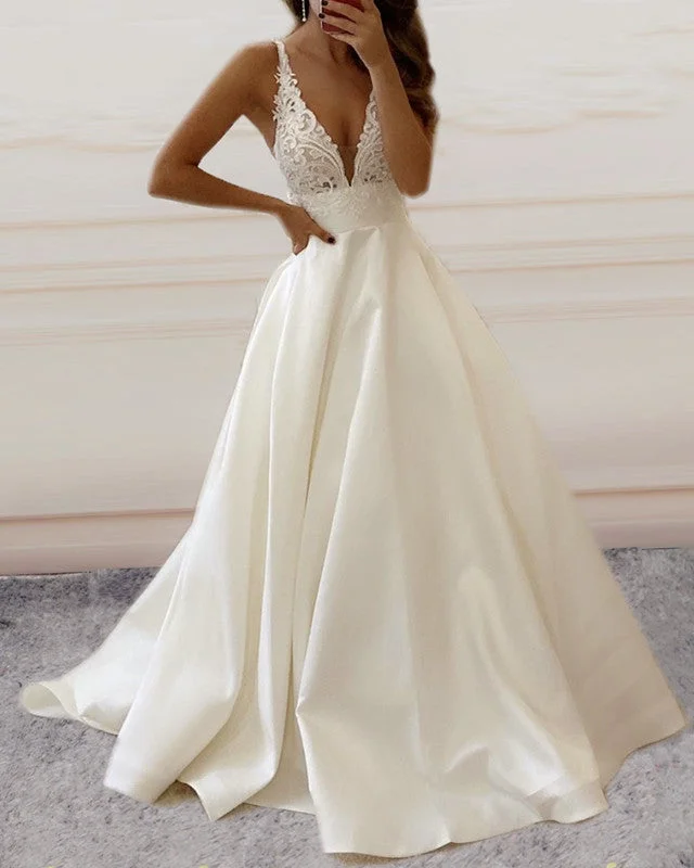 Elegant Satin Wedding Dress Lace V Neck Chic Lace Dress