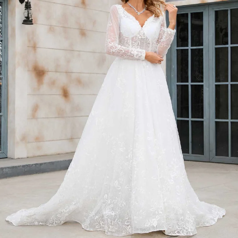 Lace A-line Wedding Dress with Long Sleeves X1004 Beaded Lace Wedding