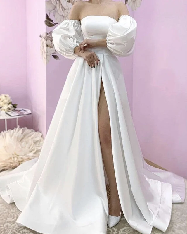 Strapless Satin Split Wedding Dress Removable Sleeves Ruffle Wedding Gown