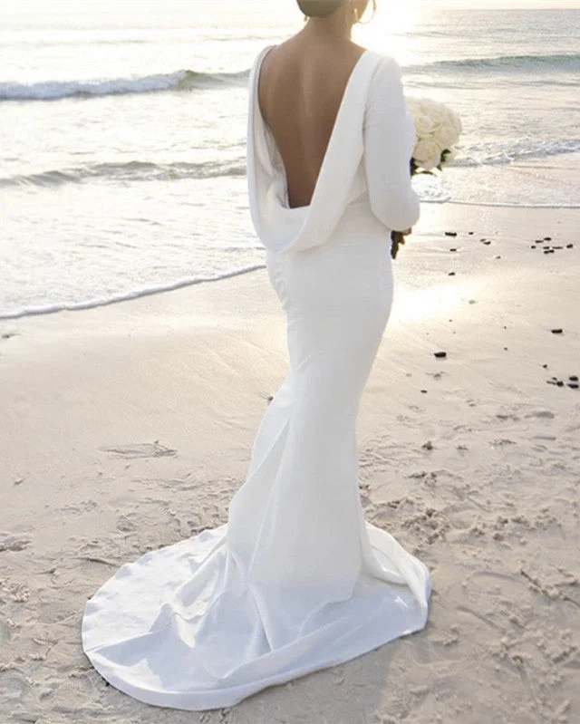 Sexy Mermaid Wedding Dresses Long Sleeves Drapped Back Lace Back Wedding