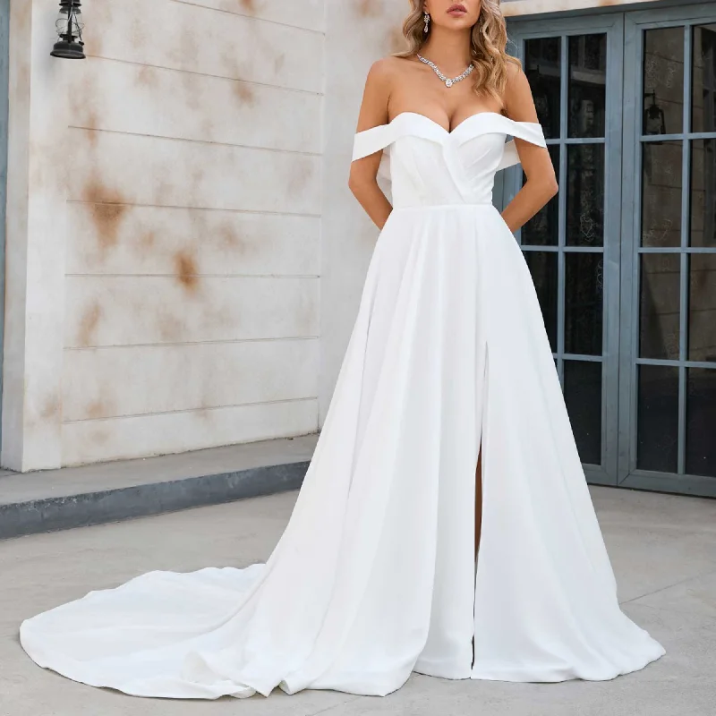 Simple Destination A-line Wedding Dress with Side Slit X1003 Off-shoulder Bridal Dress