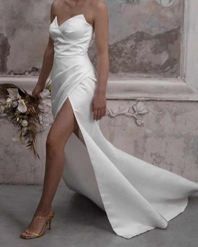 Sleek Wedding Dresses Satin V Neck Split Satin Wedding Dress