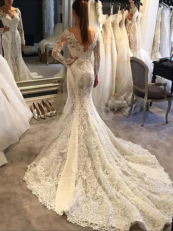 Trumpet/Mermaid V-neck Long Sleeves Court Train Lace Wedding Dresses TPP0006111 Elegant Satin Dress