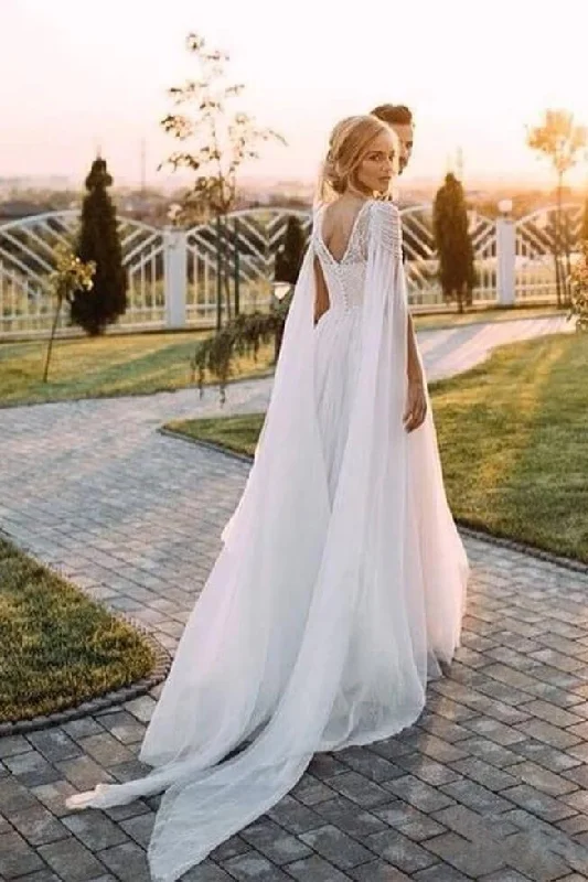 Unique Scoop Tulle Beads Chiffon Ivory V Back Long Wedding Dresses Beach Wedding Gowns Lace Boho Dress