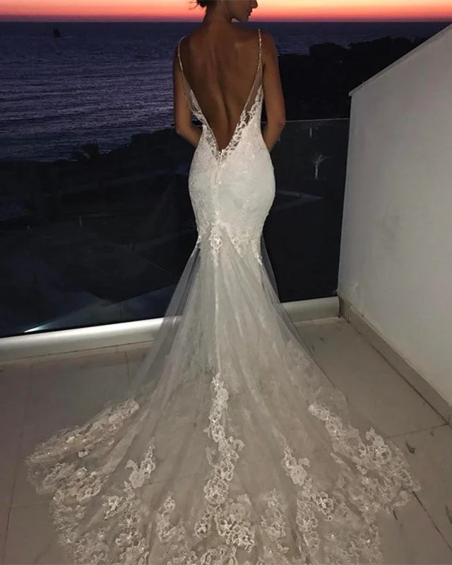 V Neck Lace Mermaid Wedding Dress Removable Skirt Silk Wedding Gown