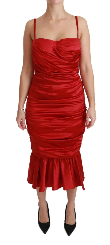 Dolce & Gabbana Exquisite Red Silk Fit and Flare Midi Women's Dress Off-shoulder midi dresses