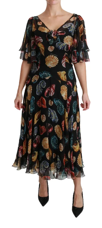 Dolce & Gabbana Elegant Sea Shells Print Silk Midi Women's Dress Sequin midi dresses