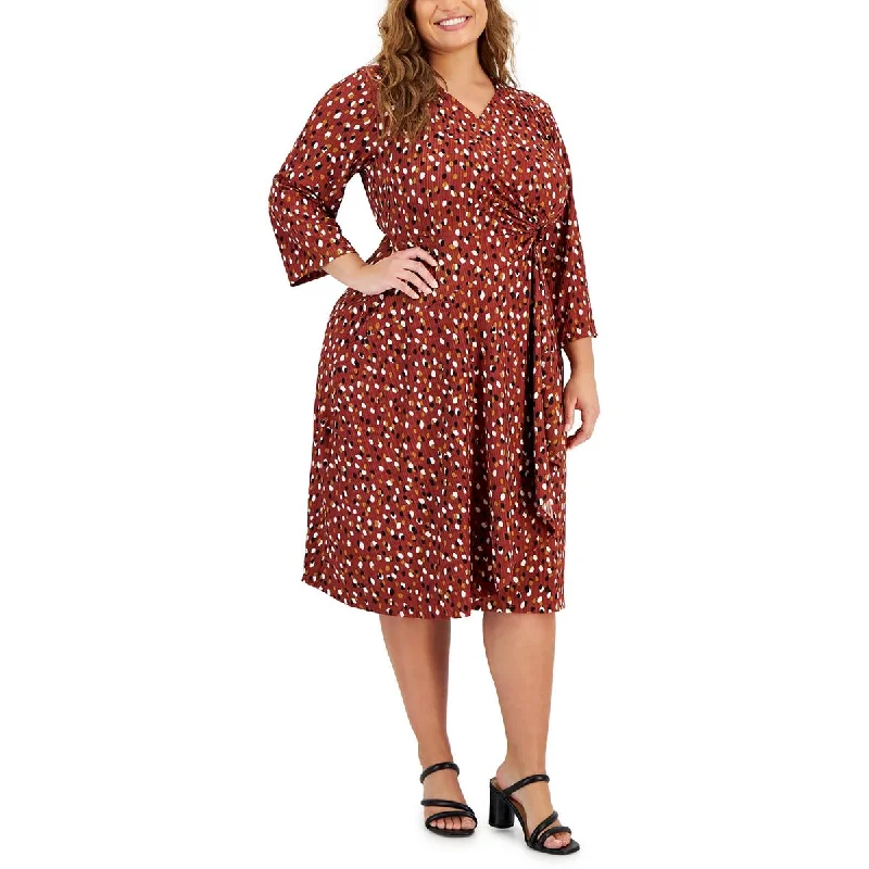 Plus Womens Printed Elbow Sleeves Midi Dress Flowy midi dresses